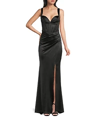 B. Darlin Sleeveless Satin V-Neck Stone Embellished Bustier Side Slit Gown