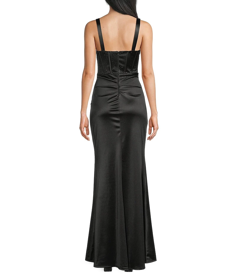B. Darlin Sleeveless Satin V-Neck Stone Embellished Bustier Side Slit Gown
