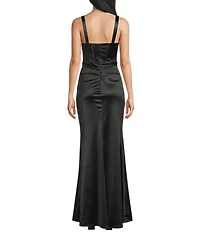 B. Darlin Sleeveless Satin V-Neck Stone Embellished Bustier Side Slit Gown