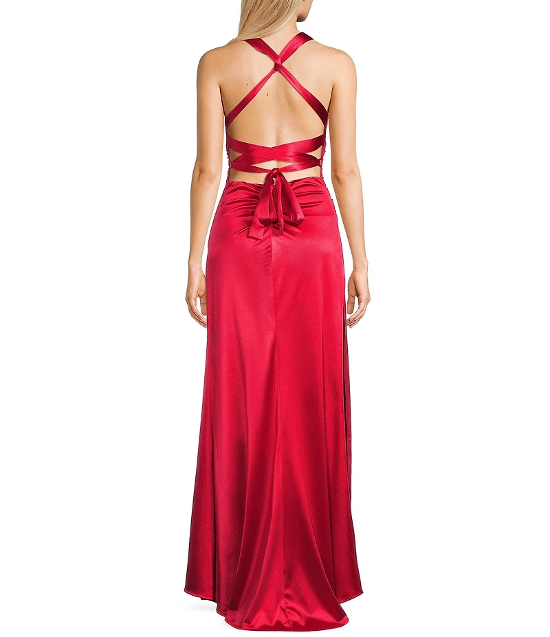 B. Darlin Sleeveless Satin X-Back Long Dress