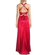 B. Darlin Sleeveless Satin X-Back Long Dress