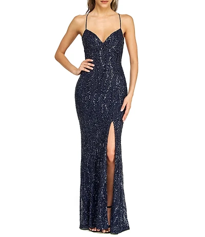 B. Darlin Sleeveless Sequin-Embellished Bugle-Beaded Mesh Ballgown