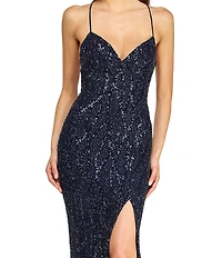 B. Darlin Sleeveless Sequin-Embellished Bugle-Beaded Mesh Ballgown