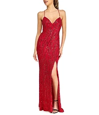 B. Darlin Sleeveless Sequin-Embellished Bugle-Beaded Mesh Ballgown