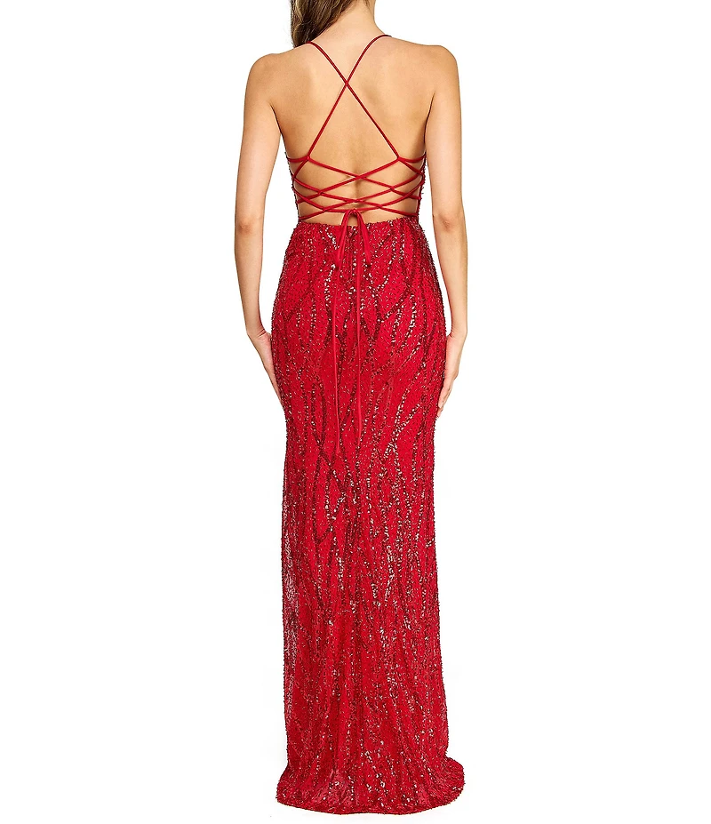 B. Darlin Sleeveless Sequin-Embellished Bugle-Beaded Mesh Ballgown