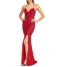 B. Darlin Sleeveless Sequin-Embellished Bugle-Beaded Mesh Ballgown