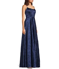 B. Darlin Sleeveless Spaghetti Strap Scoop Neck Back Lace Up Long Dress