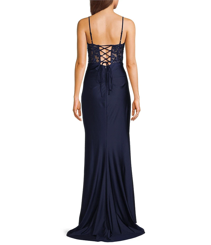 B. Darlin Sleeveless Sweetheart Neck Spaghetti Strap Illusion Lace Corset Side Slit Dress