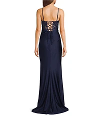 B. Darlin Sleeveless Sweetheart Neck Spaghetti Strap Illusion Lace Corset Side Slit Dress