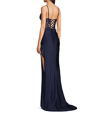 B. Darlin Sleeveless Sweetheart Neck Spaghetti Strap Illusion Lace Corset Side Slit Dress