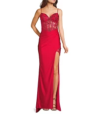 B. Darlin Sleeveless Sweetheart Neck Spaghetti Strap Illusion Lace Corset Side Slit Dress