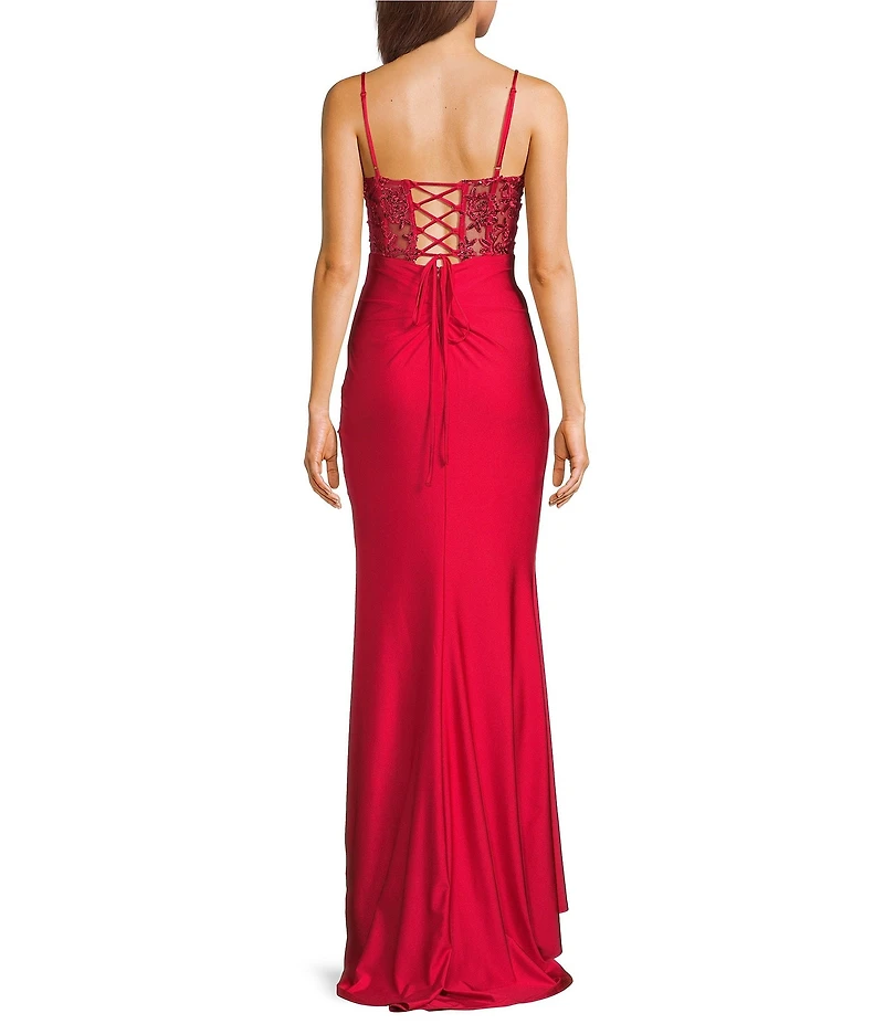 B. Darlin Sleeveless Sweetheart Neck Spaghetti Strap Illusion Lace Corset Side Slit Dress