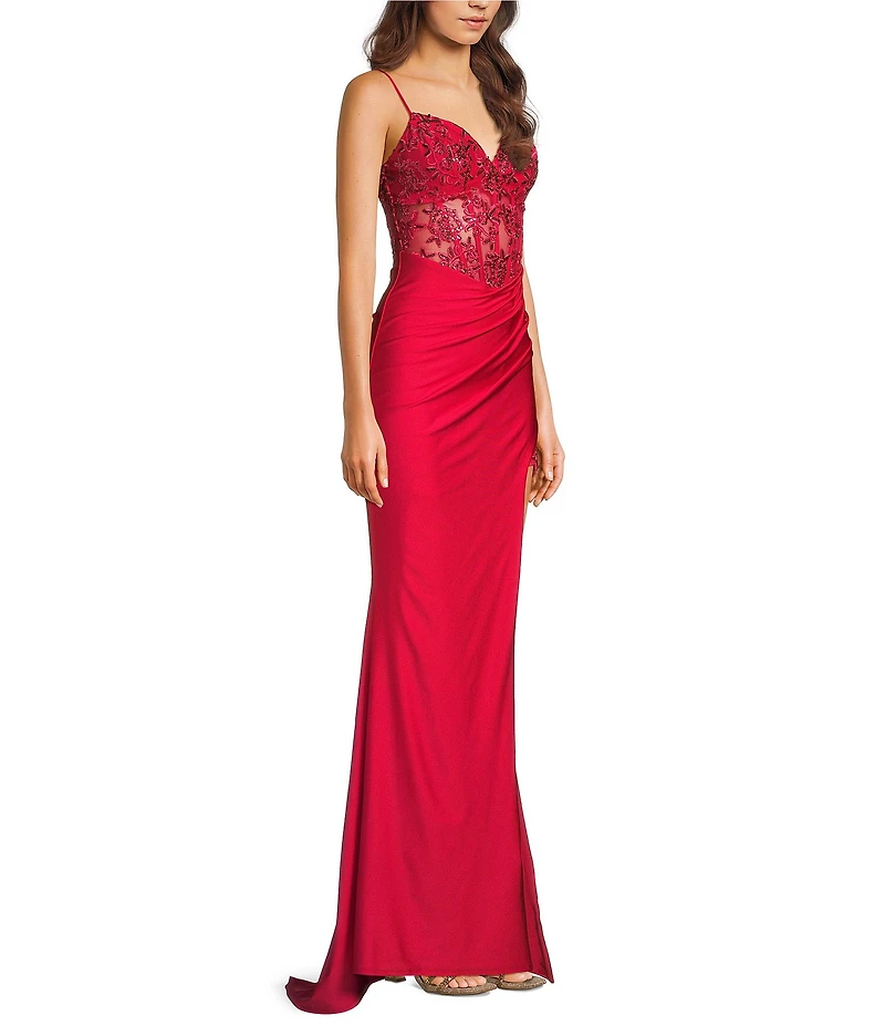 B. Darlin Sleeveless Sweetheart Neck Spaghetti Strap Illusion Lace Corset Side Slit Dress