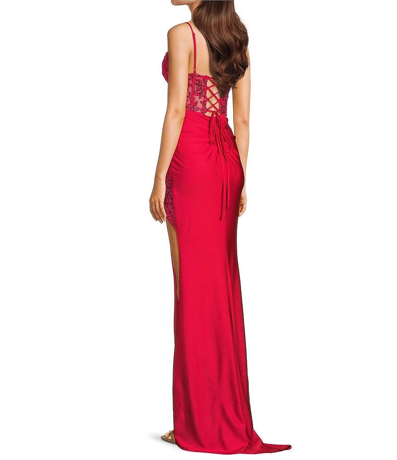 B. Darlin Sleeveless Sweetheart Neck Spaghetti Strap Illusion Lace Corset Side Slit Dress