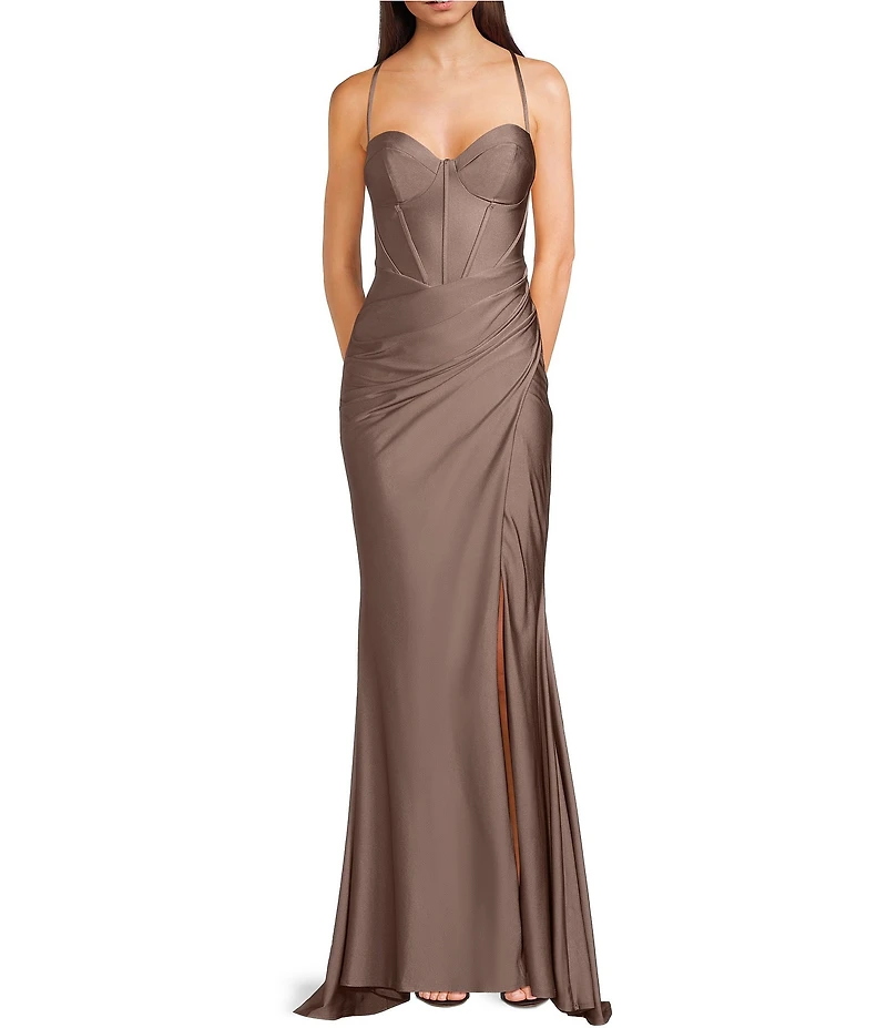 B. Darlin Spaghetti Strap Corset Side Shirred Long Dress