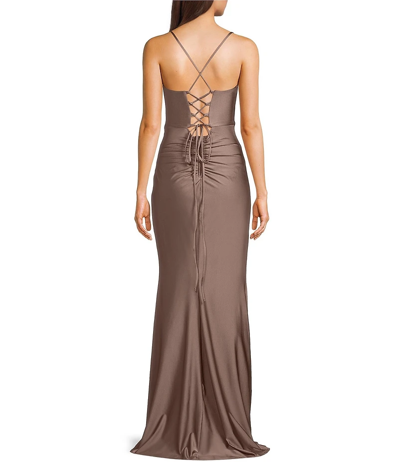 B. Darlin Spaghetti Strap Corset Side Shirred Long Dress