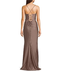 B. Darlin Spaghetti Strap Corset Side Shirred Long Dress