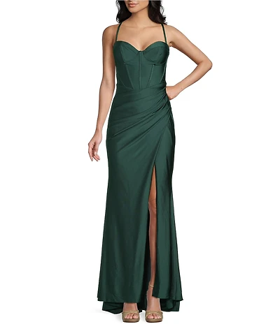 B. Darlin Spaghetti Strap Corset Side Shirred Long Dress