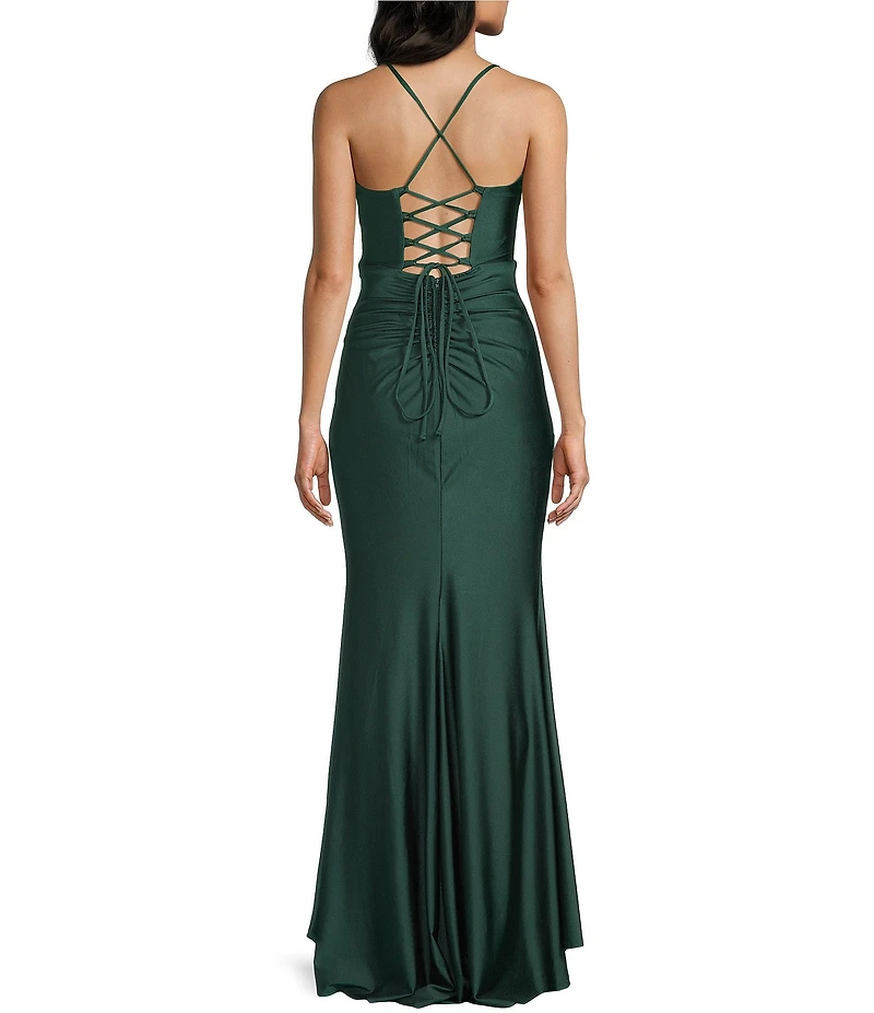 B. Darlin Spaghetti Strap Corset Side Shirred Long Dress