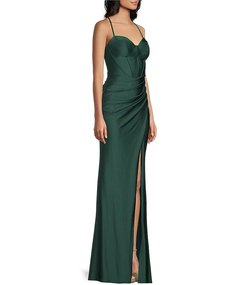B. Darlin Spaghetti Strap Corset Side Shirred Long Dress