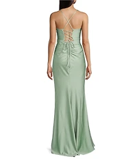 B. Darlin Spaghetti Strap Corset Side Shirred Long Dress