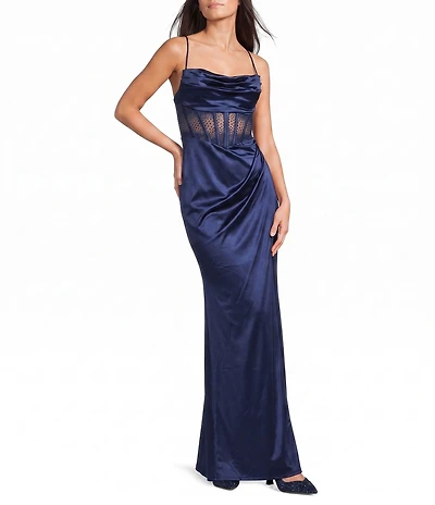 B. Darlin Spaghetti Strap Drape Neck Stones & Lace Up Back Dress