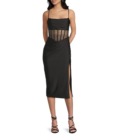 B. Darlin Spaghetti Strap Illusion Bodice Side Slit Midi Dress