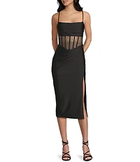 B. Darlin Spaghetti Strap Illusion Bodice Side Slit Midi Dress