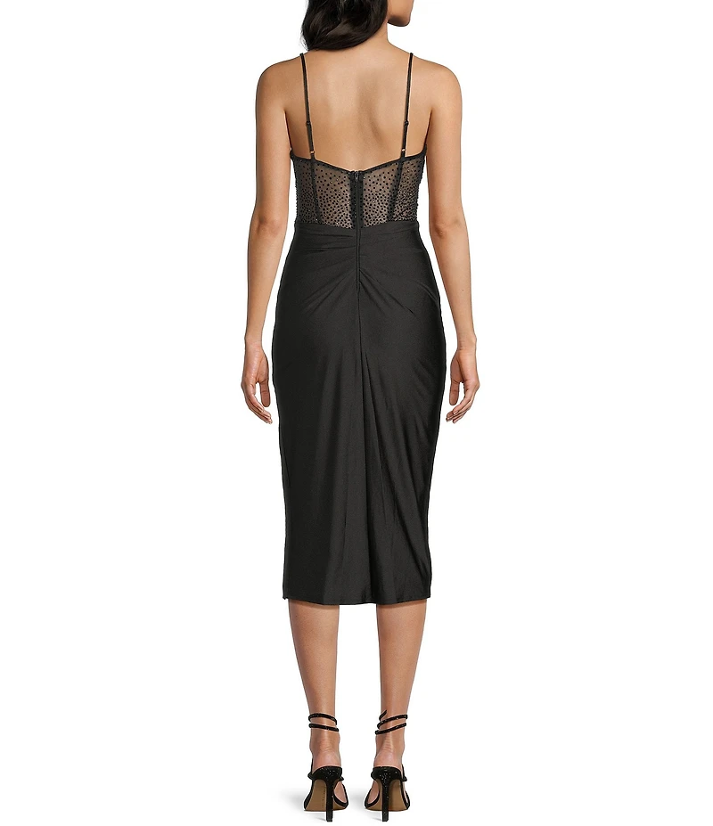 B. Darlin Spaghetti Strap Illusion Bodice Side Slit Midi Dress