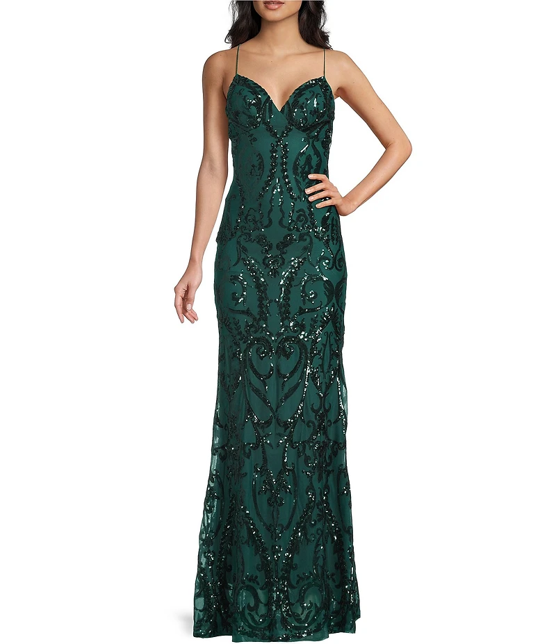 B. Darlin Spaghetti Strap Placement Sequin Long Dress