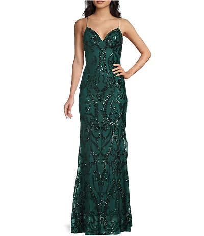 B. Darlin Spaghetti Strap Placement Sequin Long Dress