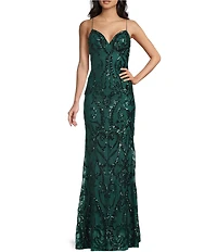 B. Darlin Spaghetti Strap Placement Sequin Long Dress