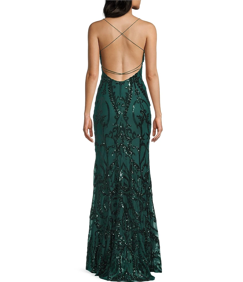 B. Darlin Spaghetti Strap Placement Sequin Long Dress