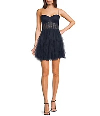 B. Darlin Spaghetti Strap Sweetheart Bustier Illusion Bodice Dress
