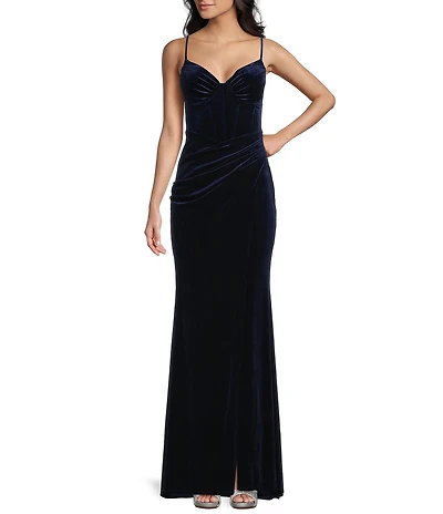 B. Darlin Spaghetti Strap V-Neck Bustier Shirring Detail Velvet Dress