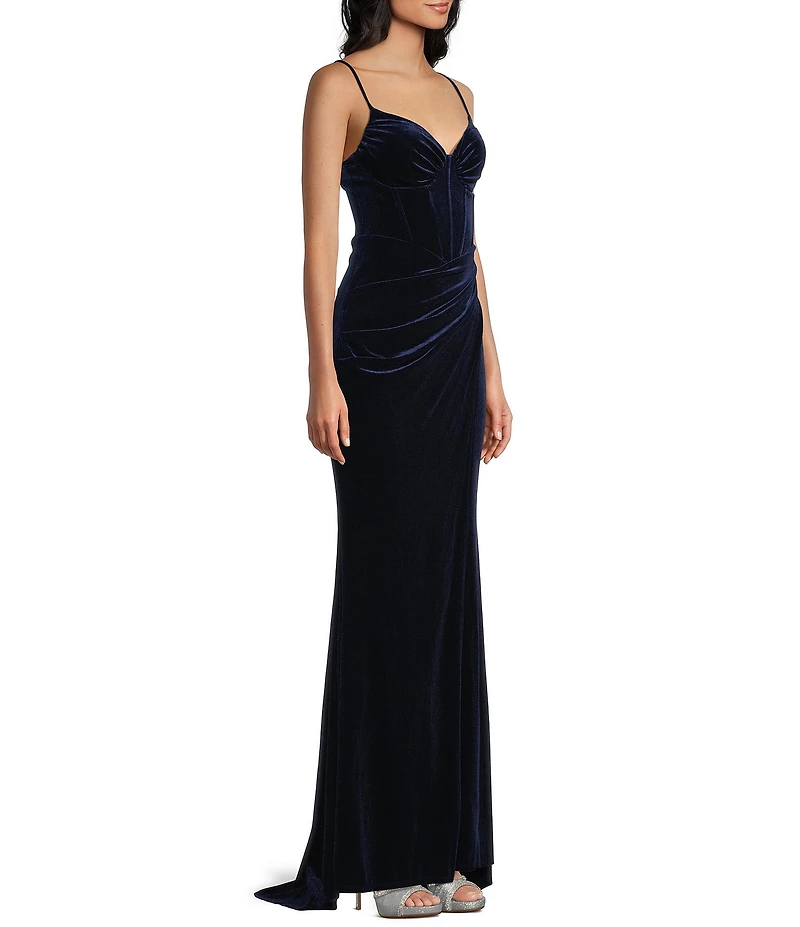 B. Darlin Spaghetti Strap V-Neck Bustier Shirring Detail Velvet Dress