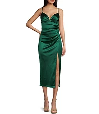 B. Darlin Spaghetti Strap V-Neck Shirred Satin Midi Dress