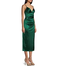 B. Darlin Spaghetti Strap V-Neck Shirred Satin Midi Dress