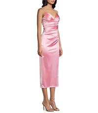 B. Darlin Spaghetti Strap V-Neck Shirred Satin Midi Dress