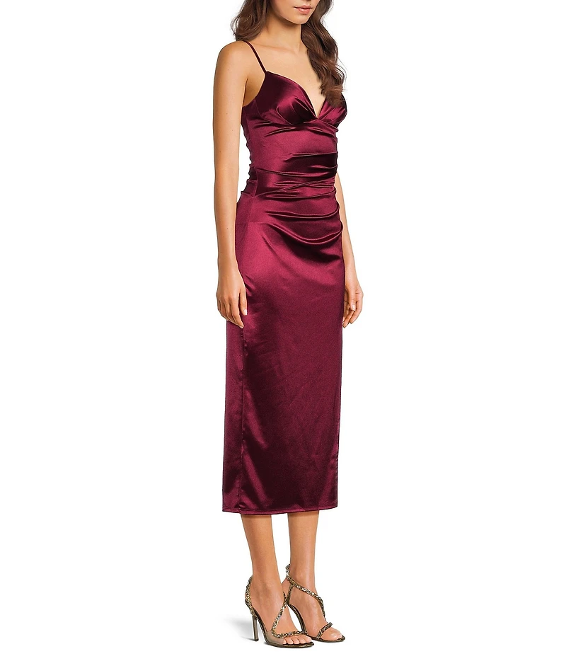 B. Darlin Spaghetti Strap V-Neck Shirred Satin Midi Dress