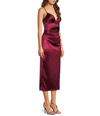 B. Darlin Spaghetti Strap V-Neck Shirred Satin Midi Dress