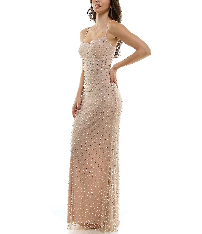 B. Darlin Stones & Pearls Scoop Neck Spaghetti Strap Maxi Dress
