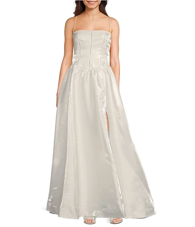 B. Darlin Straight Neck Spaghetti Strap Ladder Lace Drop Waist Front Slit Dress