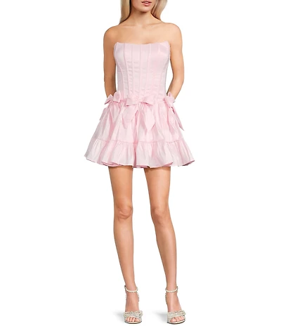 B. Darlin Strapless Corseted Bow Trim Ruffled Dress