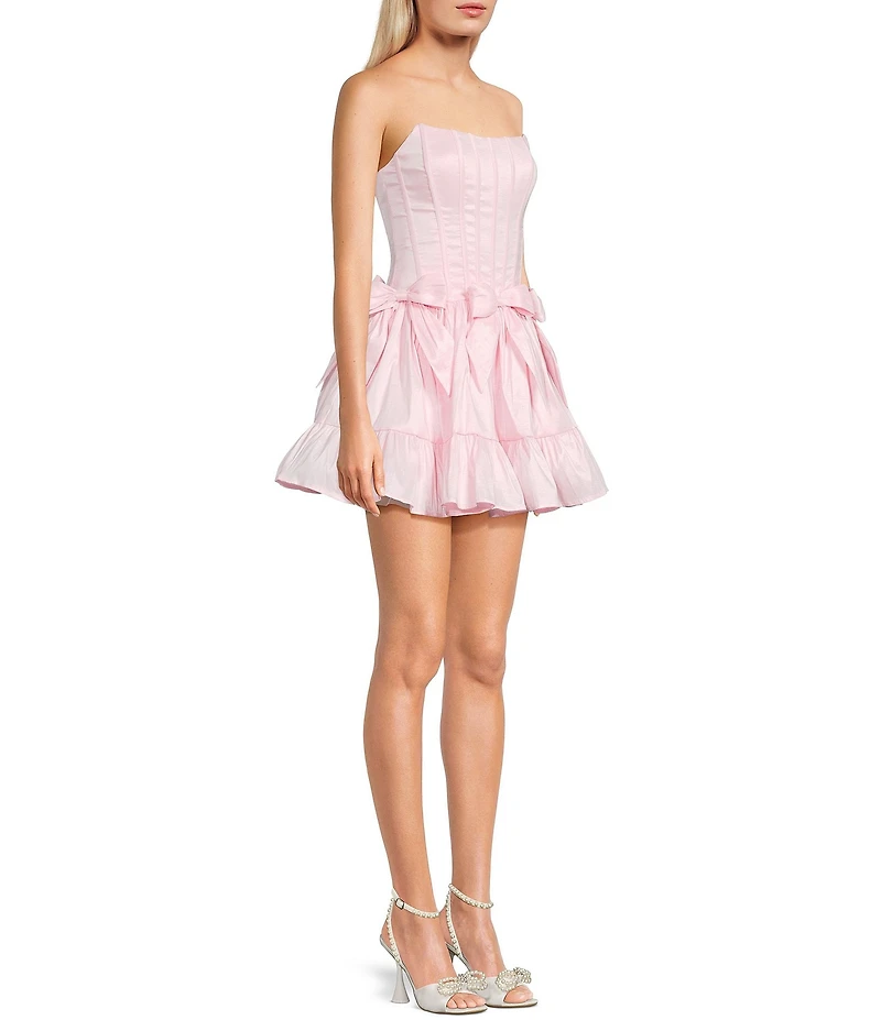 B. Darlin Strapless Corseted Bow Trim Ruffled Dress
