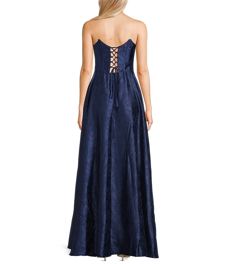 B. Darlin Strapless Corseted Lace Up Back Side Slit Long Dress