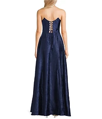 B. Darlin Strapless Corseted Lace Up Back Side Slit Long Dress
