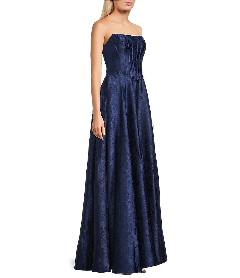 B. Darlin Strapless Corseted Lace Up Back Side Slit Long Dress