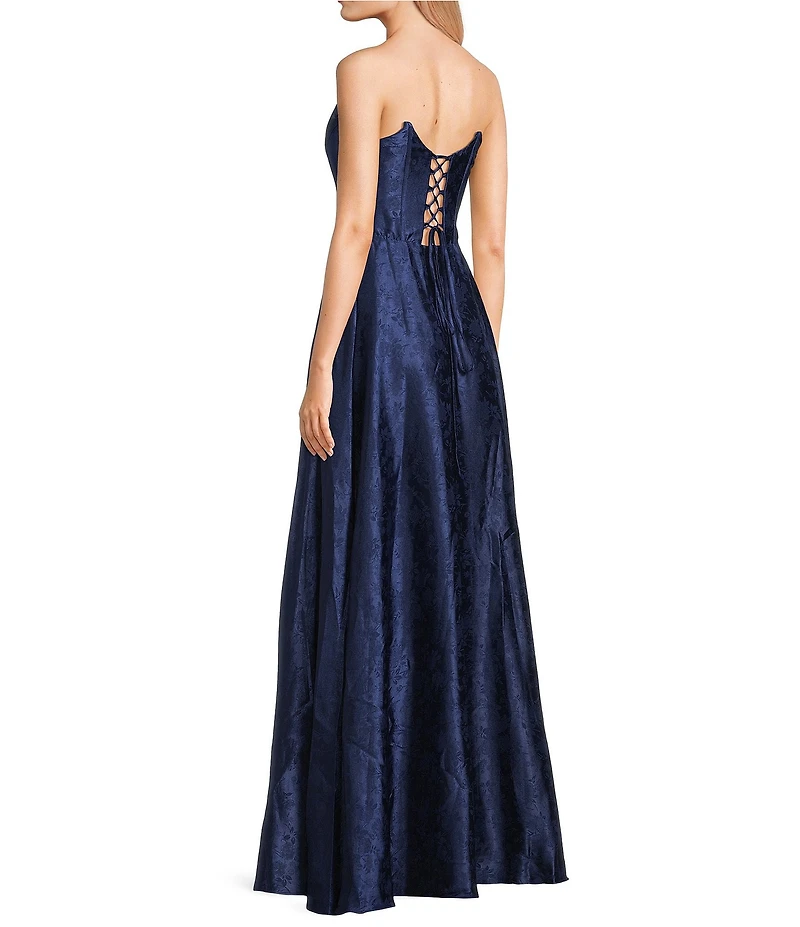 B. Darlin Strapless Corseted Lace Up Back Side Slit Long Dress
