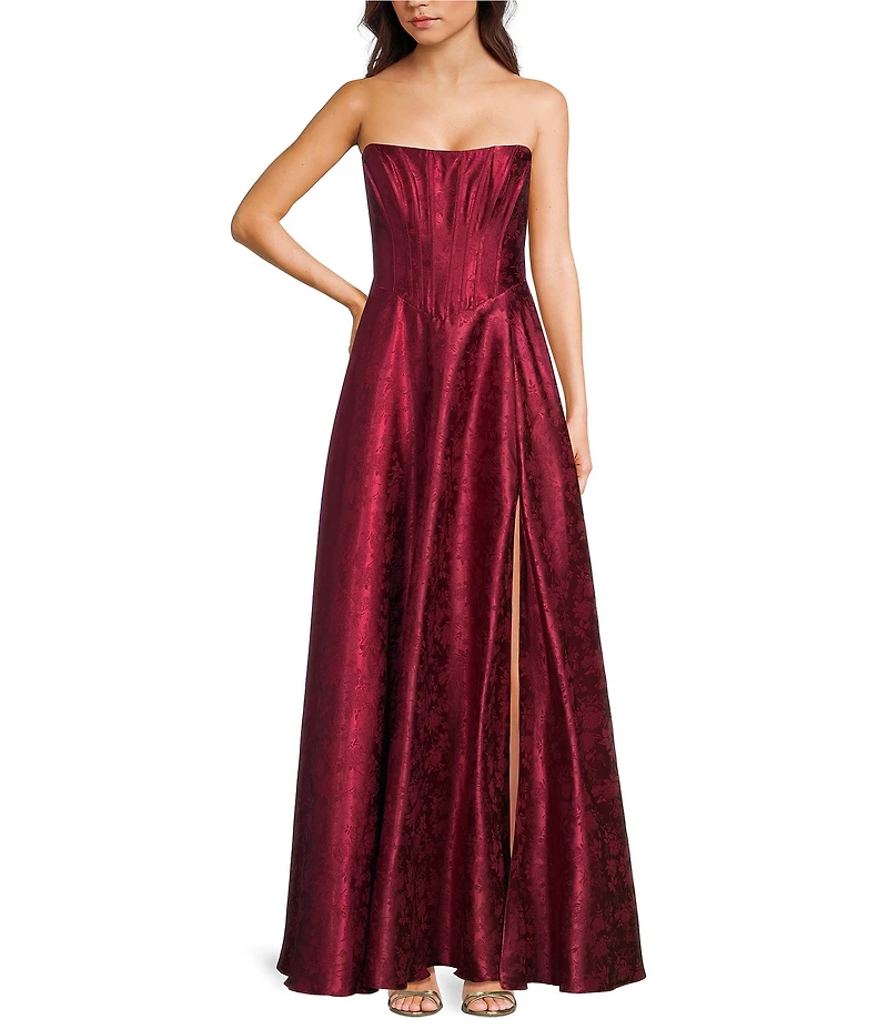 B. Darlin Strapless Corseted Lace Up Back Side Slit Long Dress